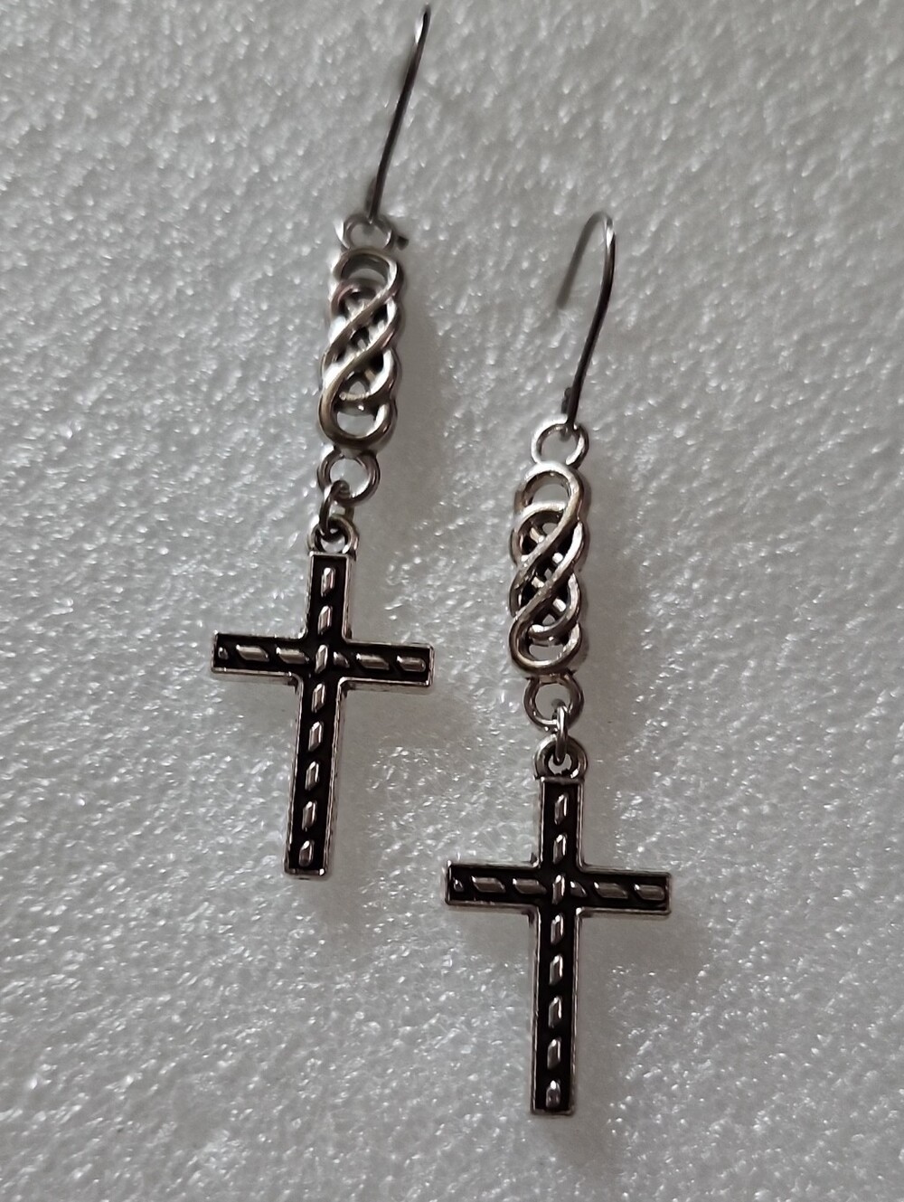 Hand Crafted Silver and Black Cross Drop Earrings